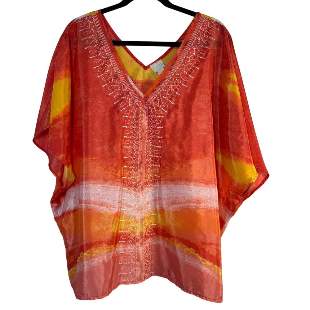 Chico's Sheer Embroidered Poncho Kaftan Blouse Top Orange Yellow Resort S M